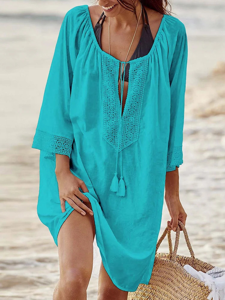 Vacation Plain Cotton Hollow 3/4 Sleeve Loose Beach Smock Midi Dress