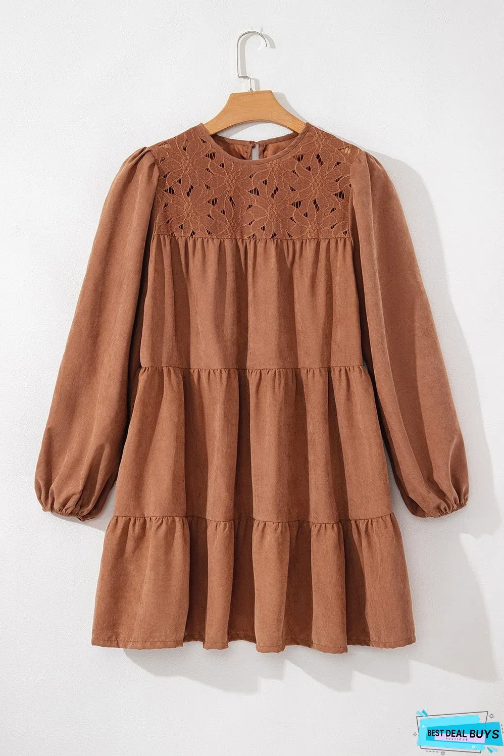 Chestnut Floral Lace Crochet Tiered Ruffled Mini Dress