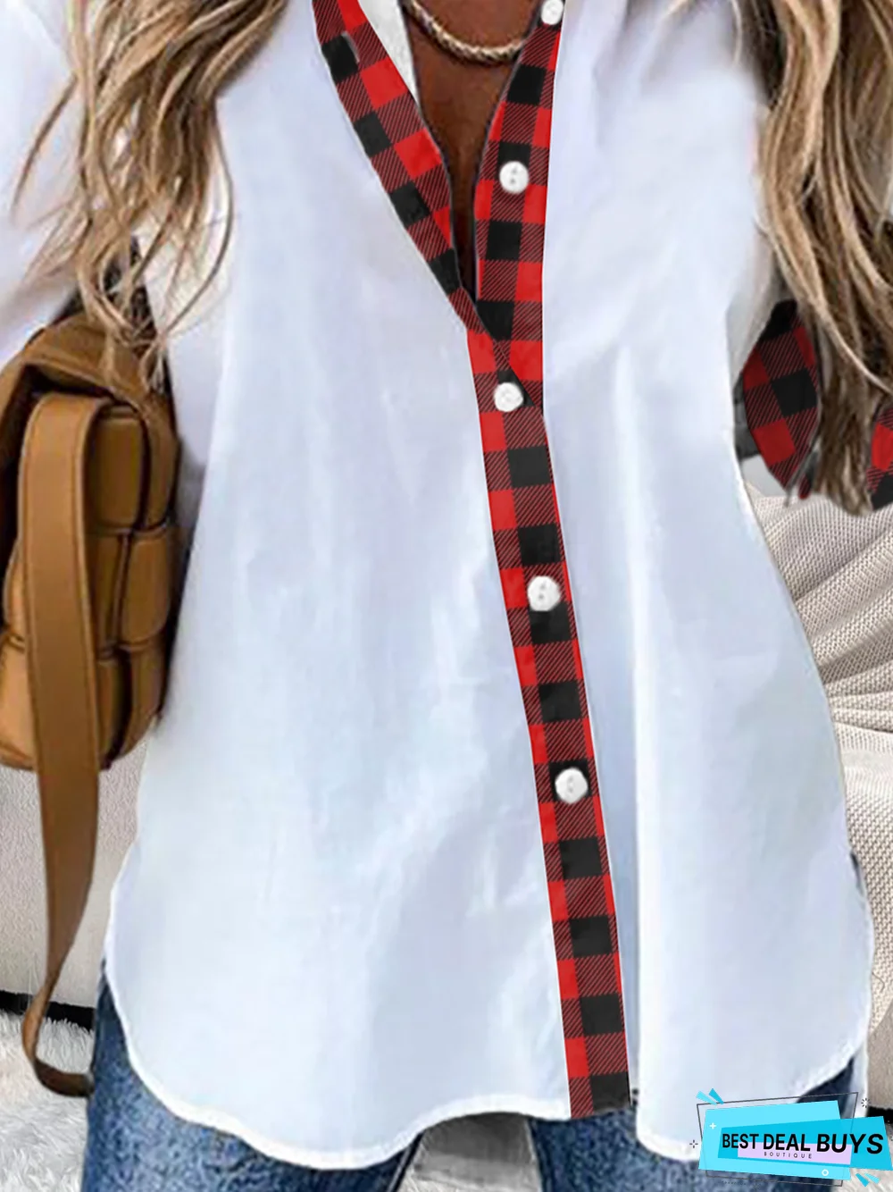 Christmas Plaid Shirt Collar Casual Tunic Blouse