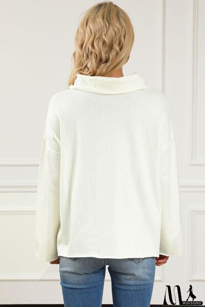MidiSono - Slit Mock Neck Dropped Shoulder Sweater