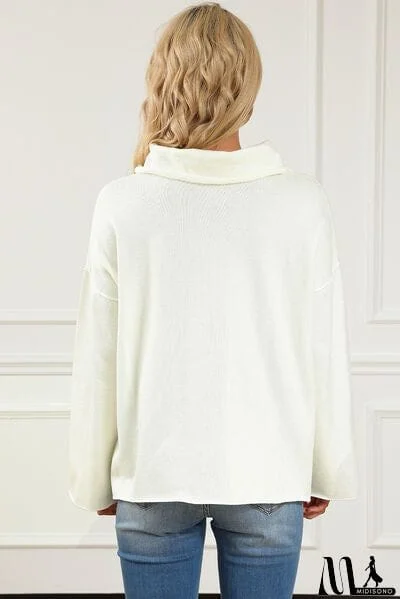 MidiSono - Slit Mock Neck Dropped Shoulder Sweater