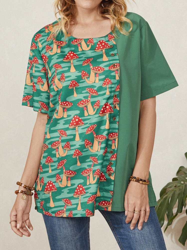 Mushroom Print O neck Button Short Sleeve Casual T Shirt For Women P1835064