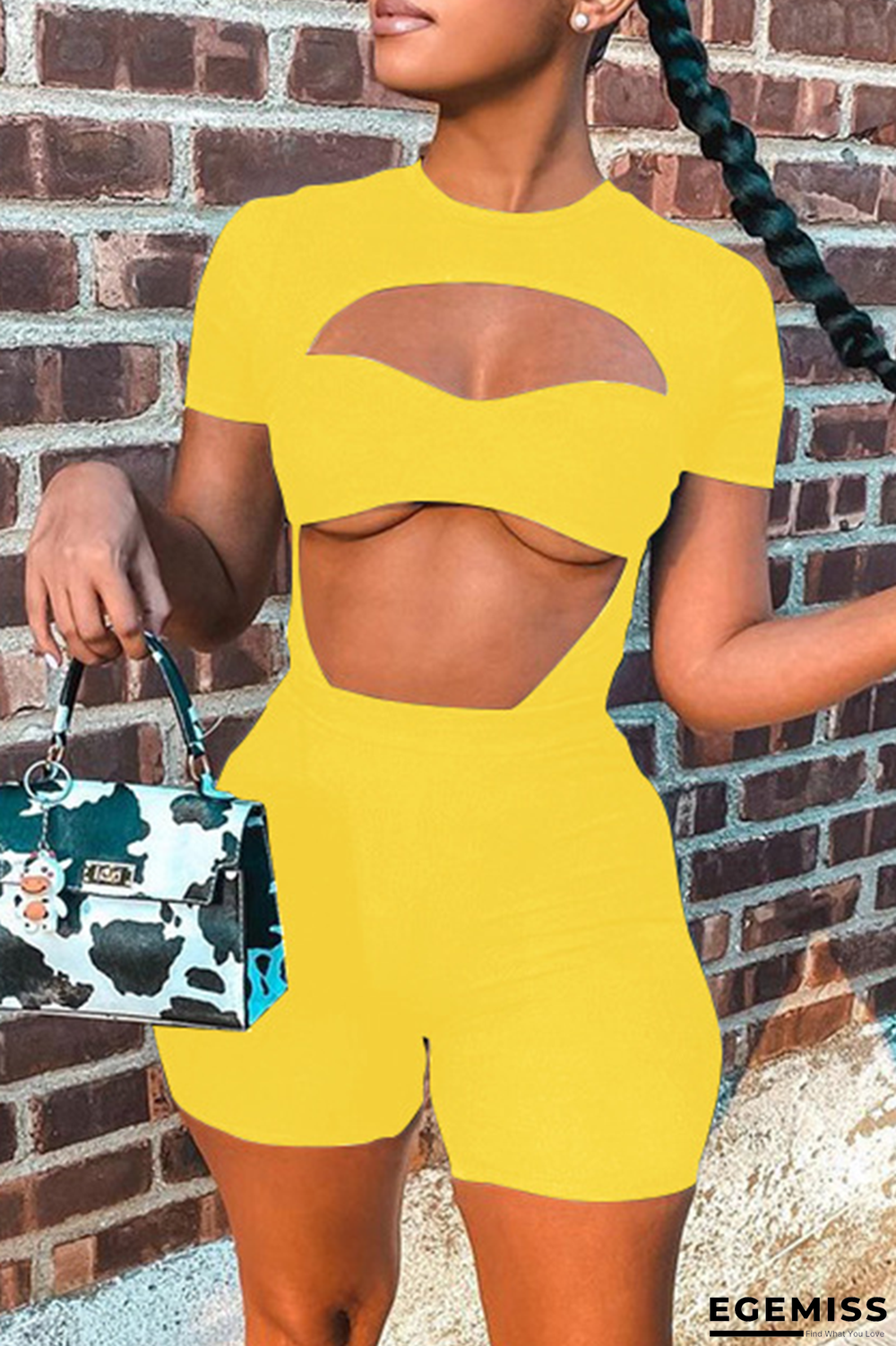 Yellow Casual Solid Patchwork Strapless Short Sleeve Two Pieces | EGEMISS