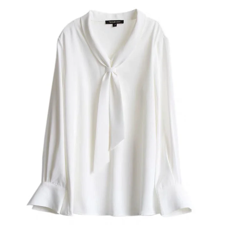 Jangj Spring Summer New Fashion Design White Chiffon Shirts Tie Collar V-neck Long Sleeve Casual Blouse Korean Office Lady Shirts