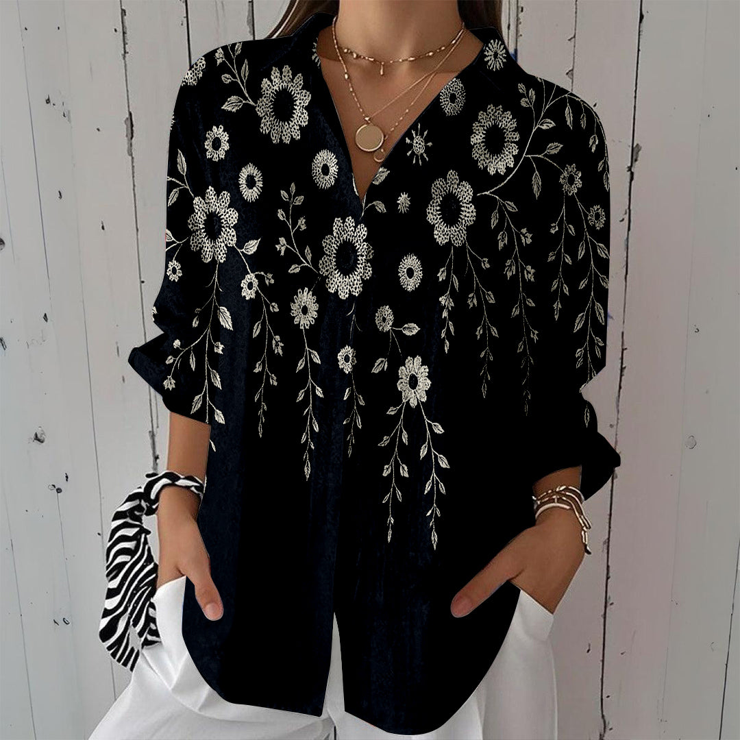 Women Long Sleeve V-neck Graphic Floral Printed Top