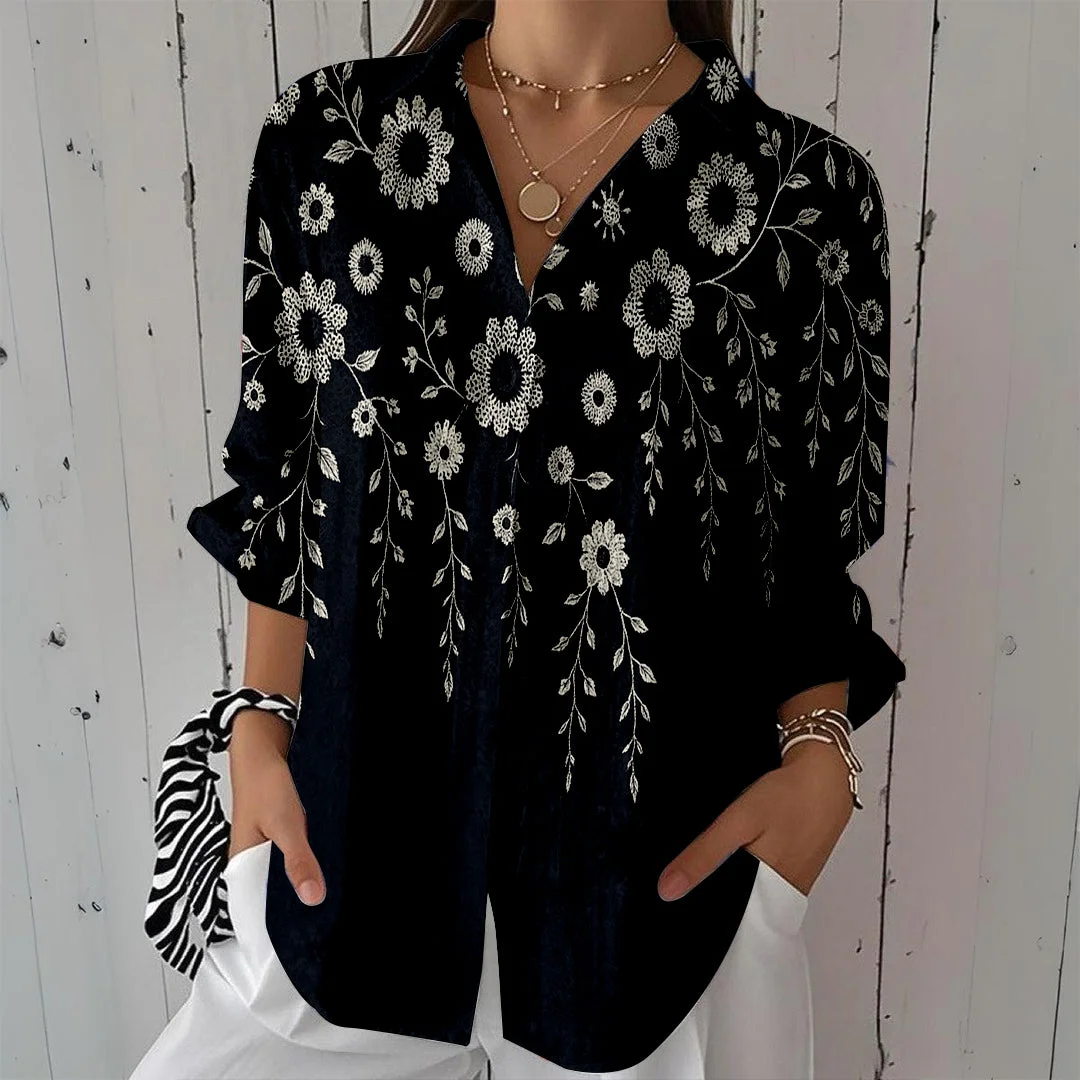 Style & Comfort for Mature Women Women Floral, Black, White DZCL0140 3/4 Sleeve Shirt Collar Printed Button Tops