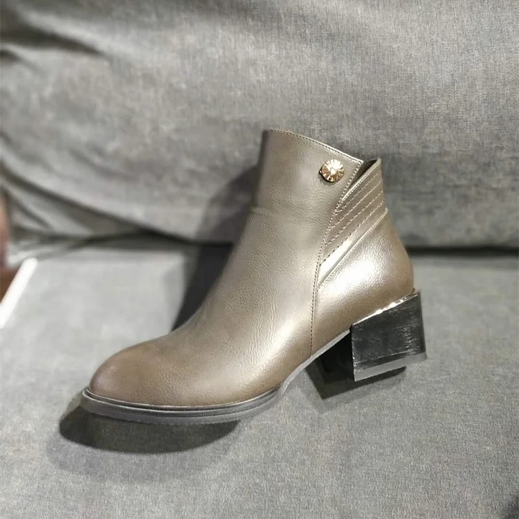 Bronze Almond Toe Block Heels Ankle boots |FSJ Shoes