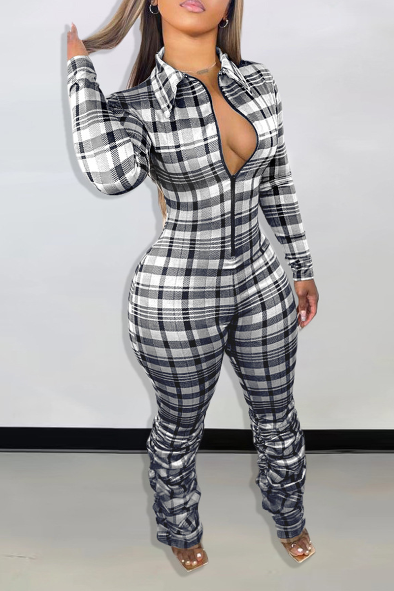 Casual Plaid Split Joint Turndown Collar Skinny Jumpsuits