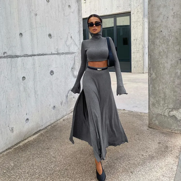 Churchf Churchf Women's Short Hooded Top High Waist Side Slit Unique Suit Skirt 2024 Spring And Autumn New Two-Piece Set For Women