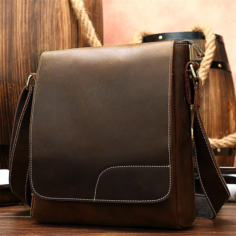 Men's Horse Leather Shoulder Bag Simple Style Outdoor Large Capacity Crossbody Bag