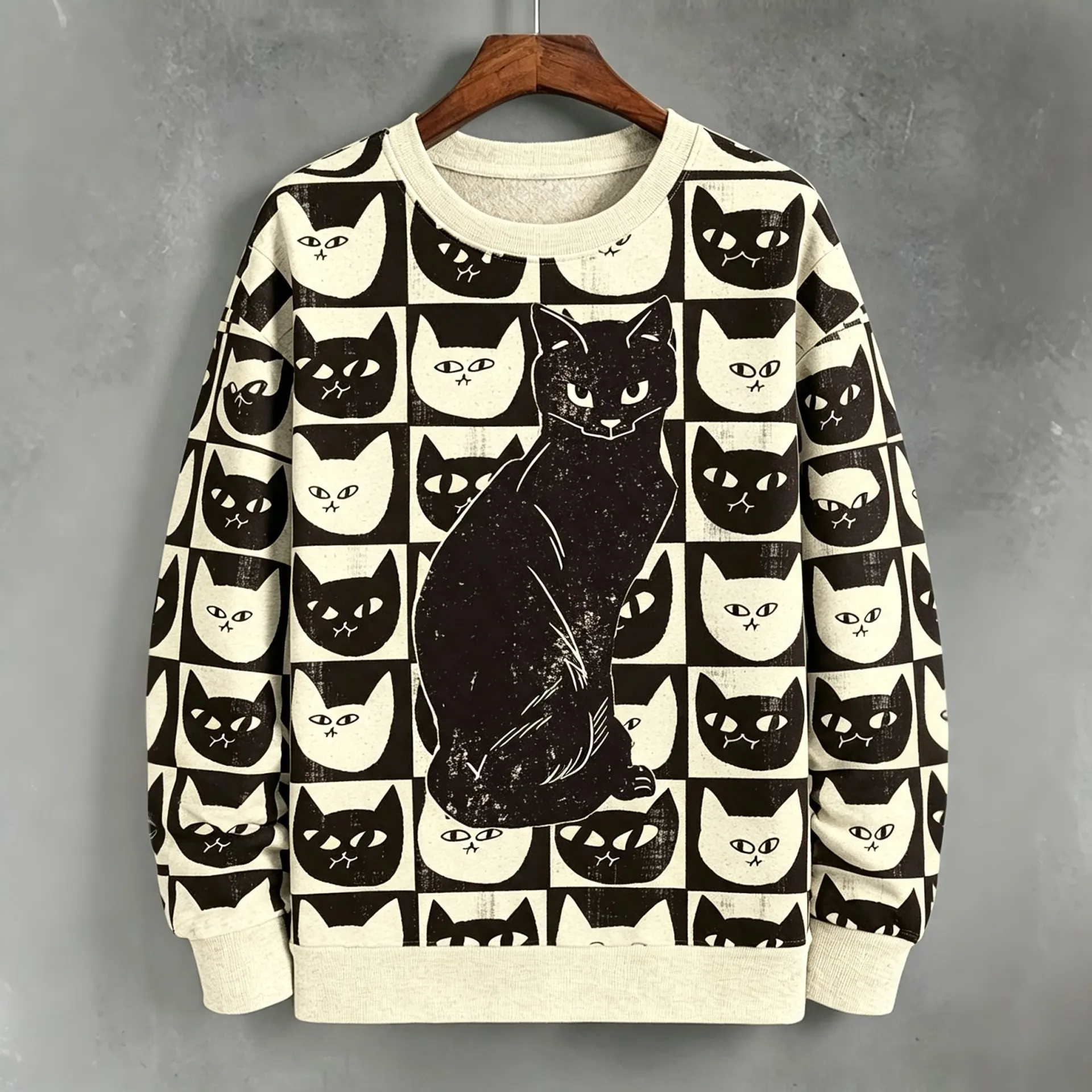 Men's Japanese Ukiyo-e Style Black Cat Grid Vintage Art Sweatshirt  artssus