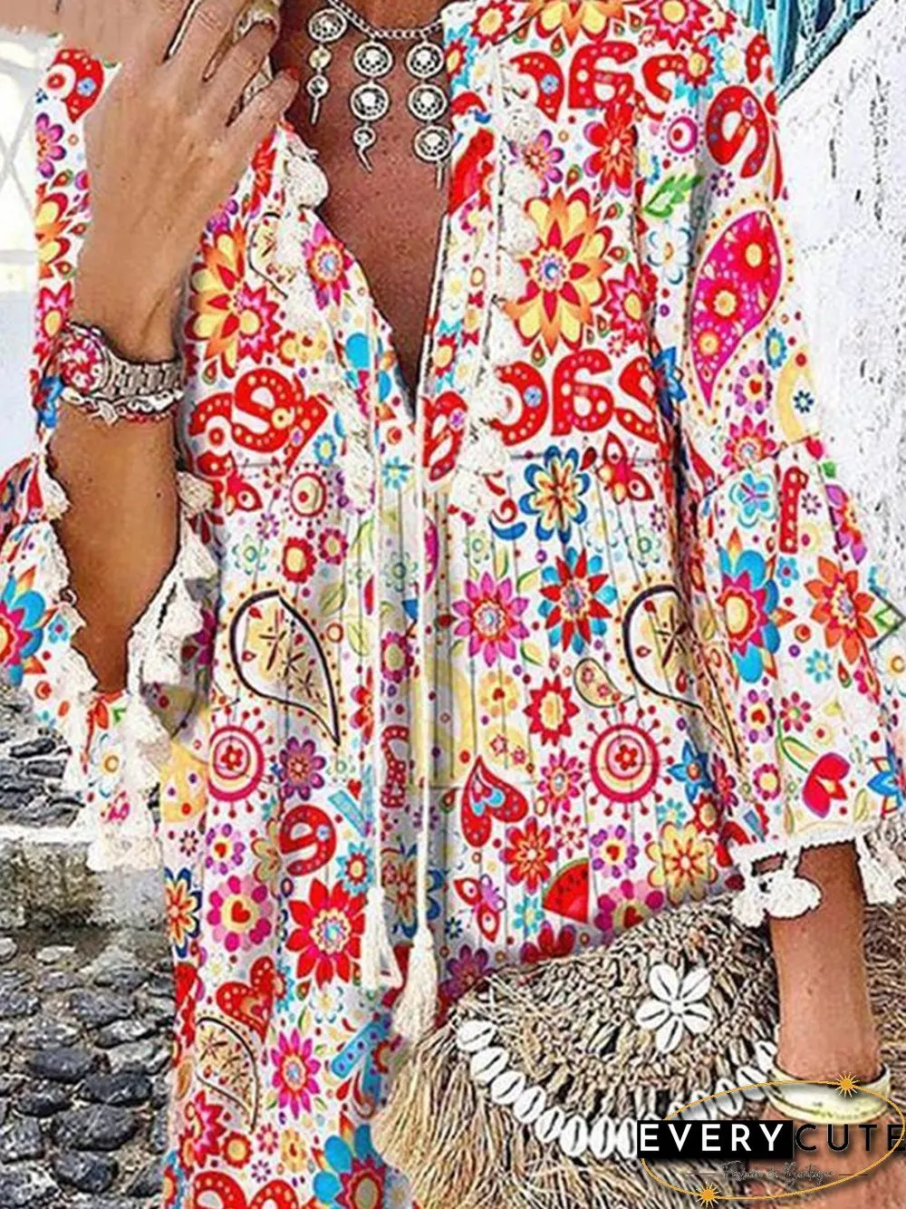 Color Printed V-neck Fringed Dress P10914