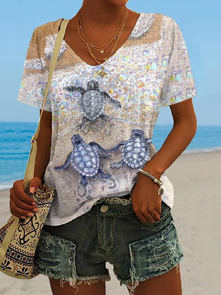 🔥Buy 3 Get 10% Off🔥Women's Hawaiian Turtle Print Casual V-Neck T-Shirt