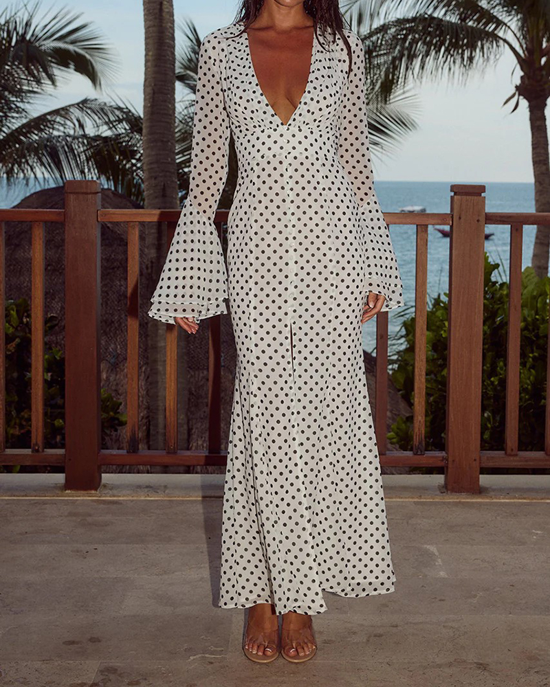 Leopard Print Side Split Long Flared Sleeve V Neck Maxi Dress