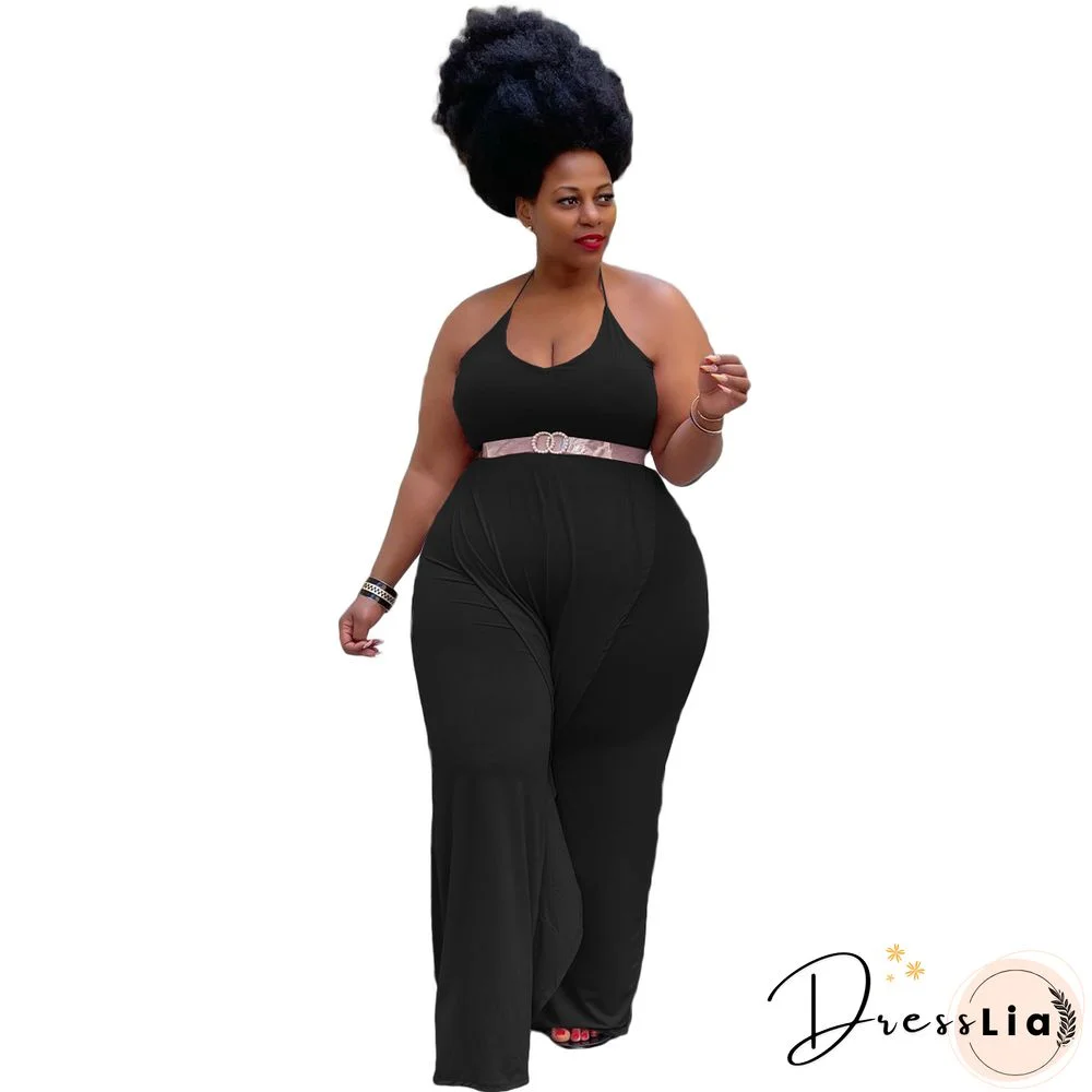 Casual Solid Color Sleeveless Ruffle Halter Lace Up Party Club Summer Plus Size Loose Wide Leg Jumpsuits