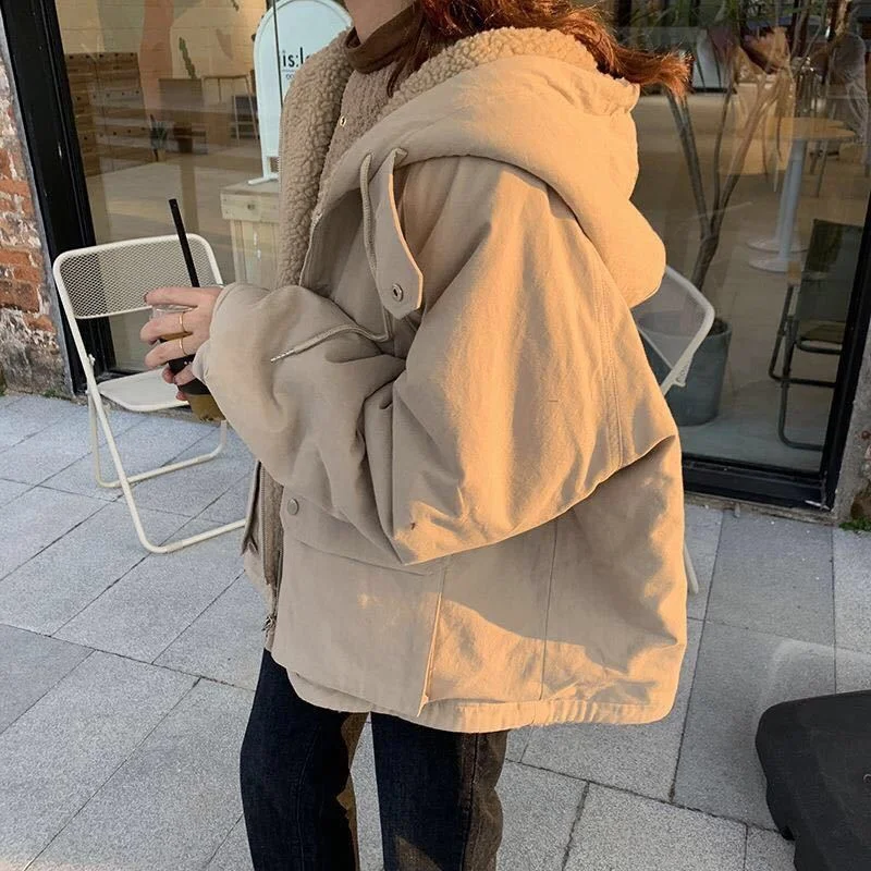 Teddy Coat Women Parkas Oversized Hooded Jackets Winter Thicker Lamb Wool Hooded Outwear Reversible Korean Style Jacket Coat