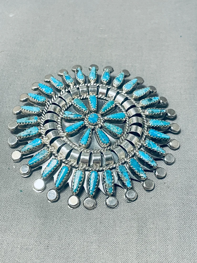 Dazzling Native American Navajo Signed Turquoise Cluster Sterling