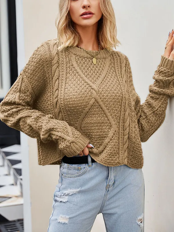 Long Sleeves Loose Solid Color Split-Joint Round-Neck Sweater Tops