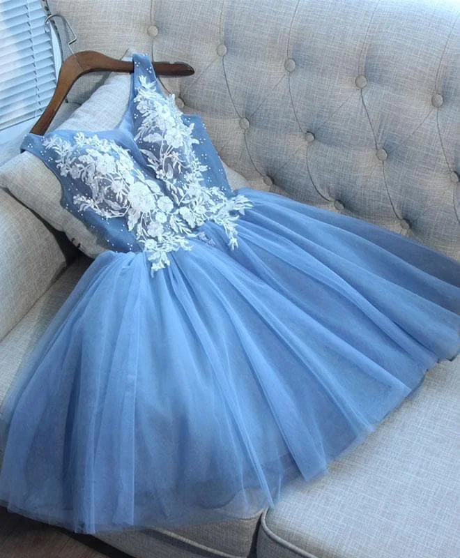 Cute Blue V Neck Tulle Lace Short Prom Dress, Cocktail Dress