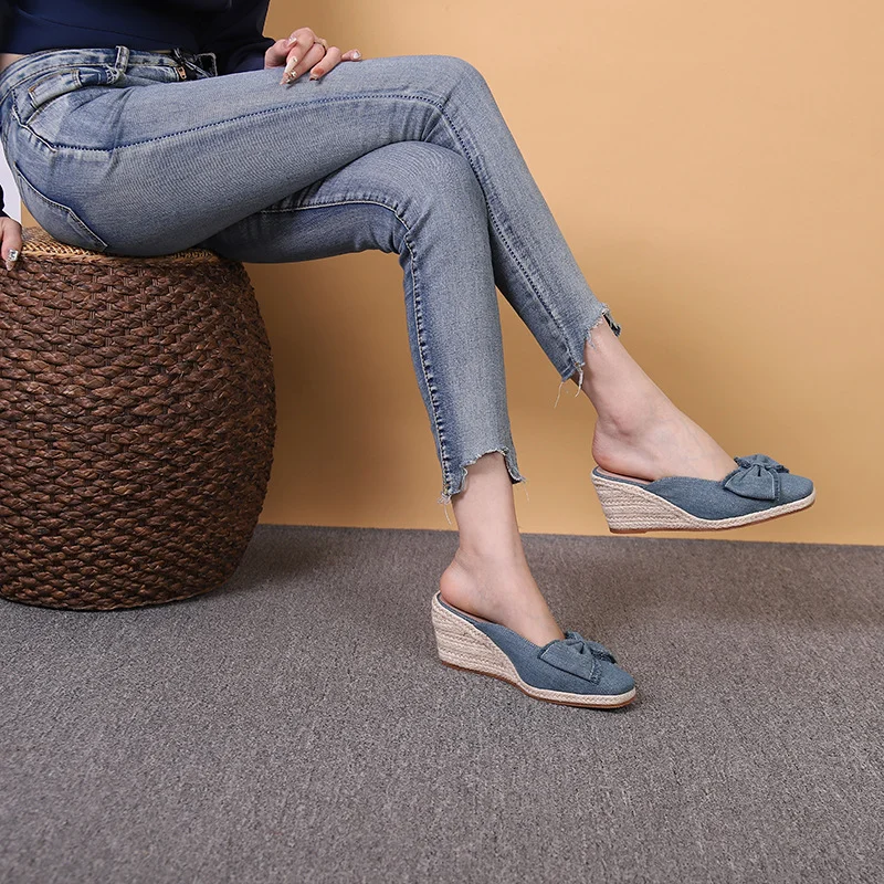 Wongn Wongn Style Square Slope With Thick Bottom With Baotou Drag Women's Shoes Bow Grass Hemp Rope Bottom