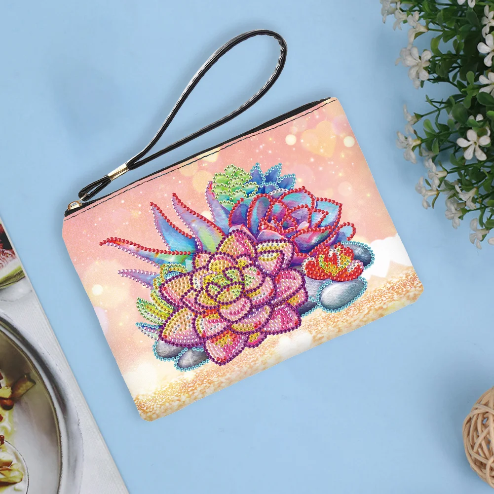 DIY Succulent PU Partial Special Shaped Diamond Painting Wallet Makeup Bag