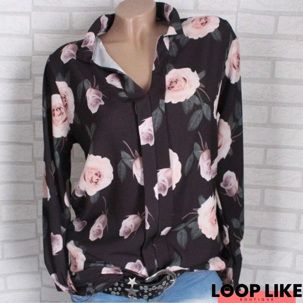 Women Long Sleeve Turn Down Collar Blouse Shirt Chiffon Casual Tops