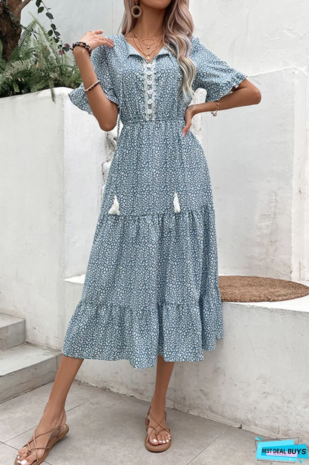 Printed Tassel Tie Flounce Sleeve Dress