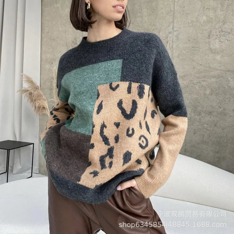 Athvotar Athvotar Leopard-Print Spliced Sweater Female Soft Thick Sheep Velvet Long Sleeve Knitted Tops In Wind