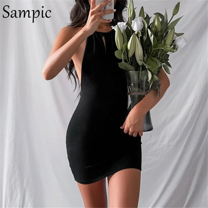 Sampic Summer Beach Green 2021 Casual Hollow Out Y2K Women Sexy Mini Wrap Dress Party Halter Neck Black Backless Short Dress
