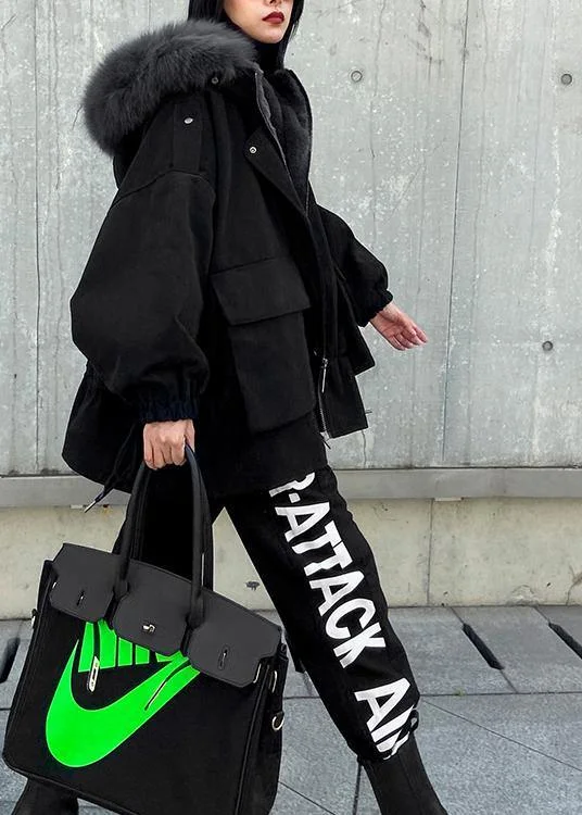 New plus size warm winter coat black hooded faux fur collar casual outfit