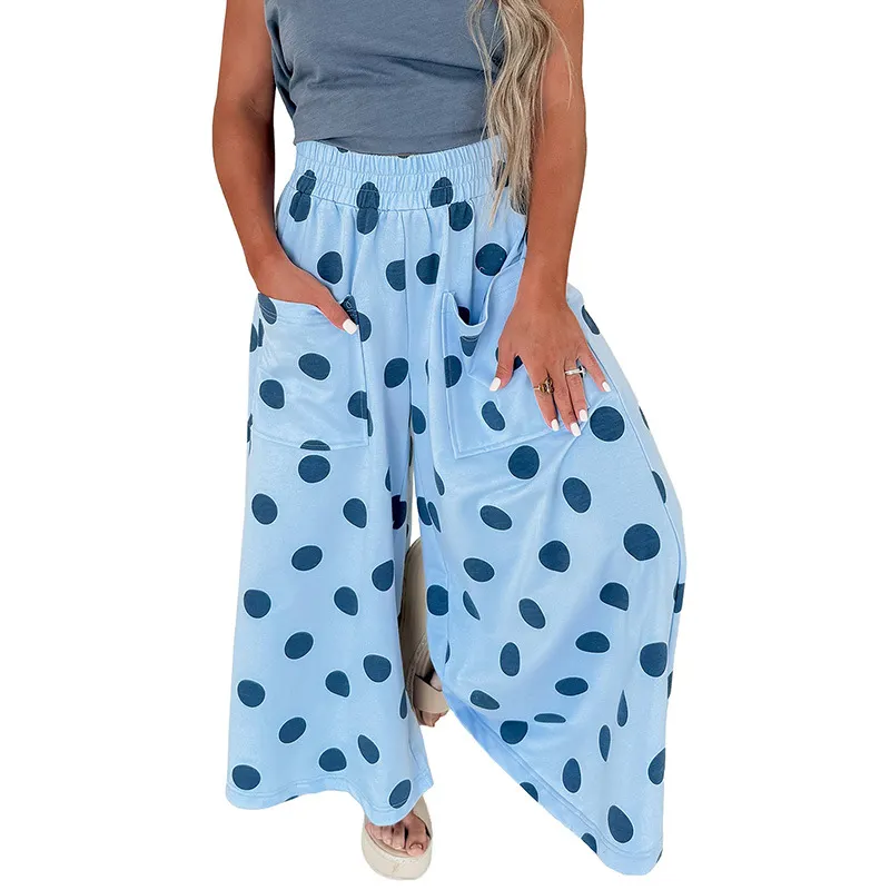 Women Polka Dot Elastic High Waist Wide‑Leg Pants