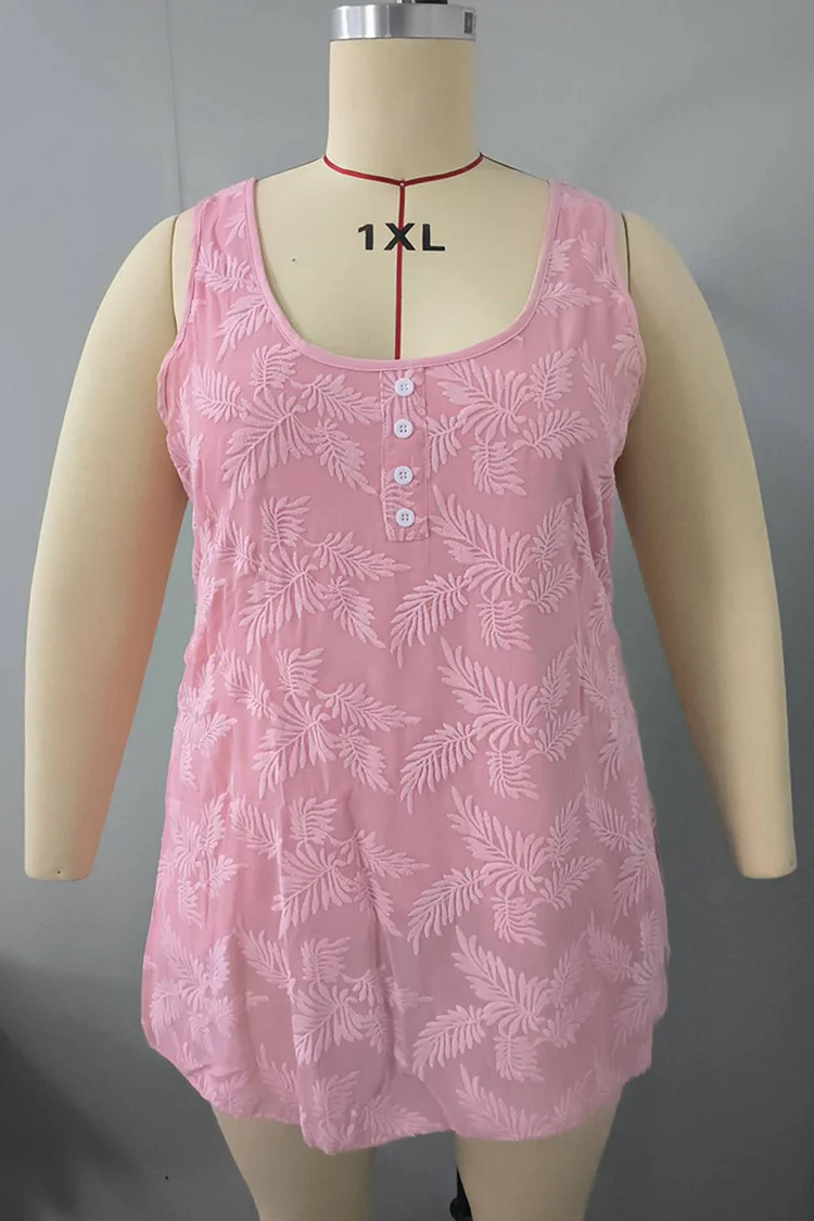 Plus Size Decorative Buttons Mesh Jacquard Tank Top  Flycurvy [product_label]