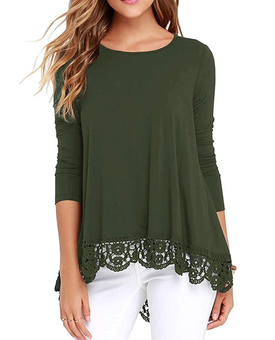 Women's Tops Short Sleeve Lace Trim O-Neck A-Line Tunic Blouse