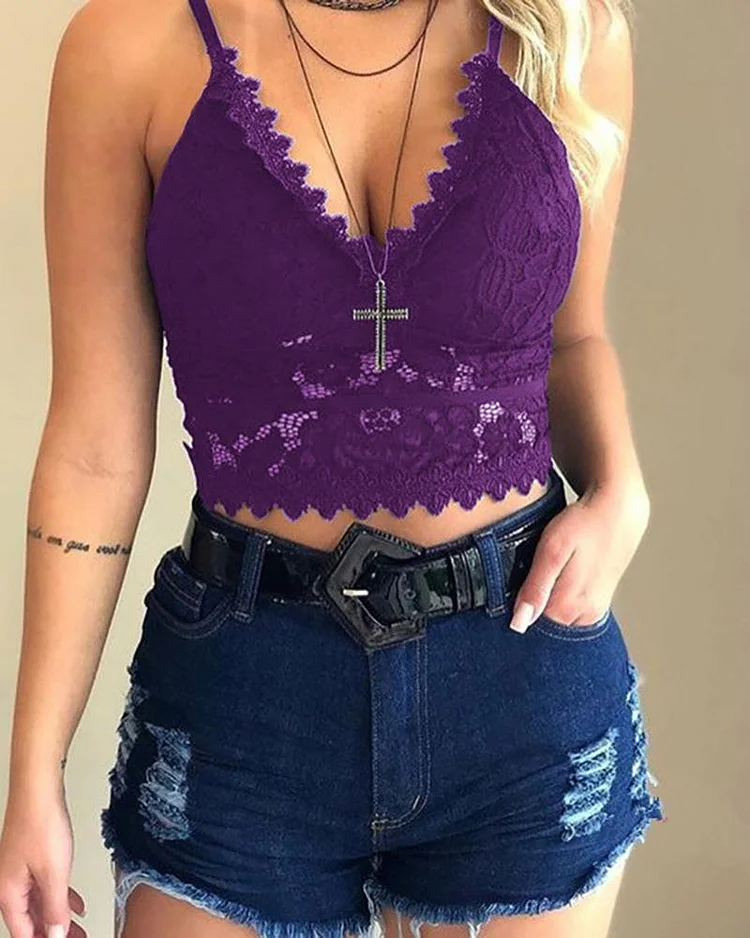 Lace Hollow Out Spaghetti Strap Top P2293898946