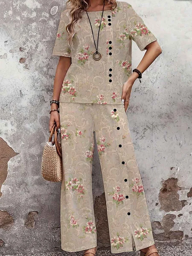 Women's Elegant Rose Floral Print Top Set