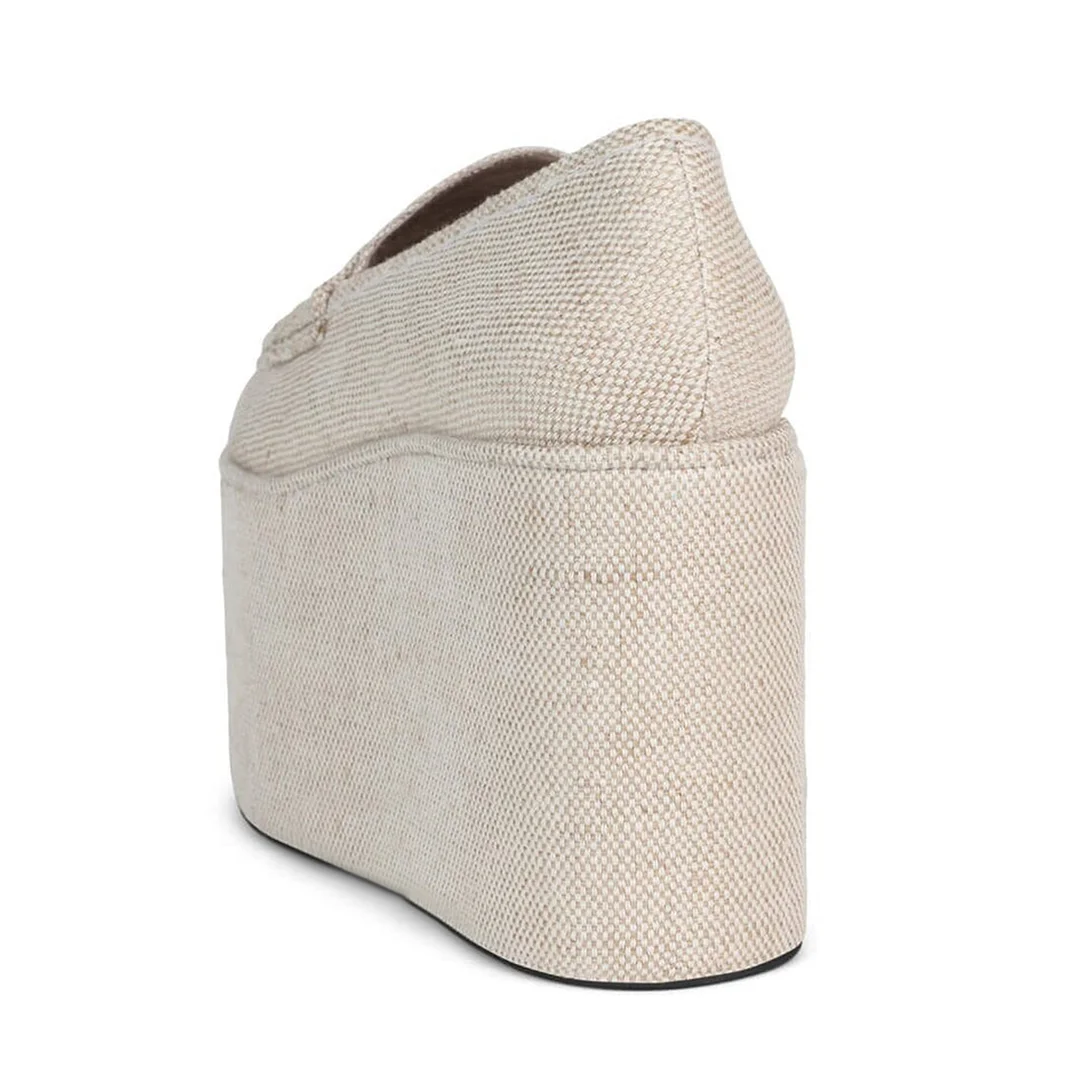 Women's Gray Textile Almond Toe Platform Loafers with Wedge Heel