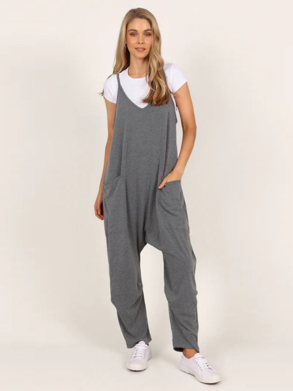 Oversized knit two-pocket fit oversized jumpsuit blue