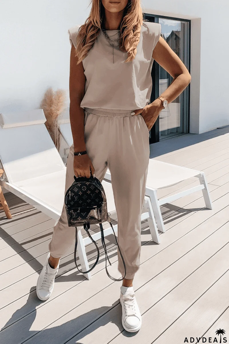 Padded Shoulder T Shirt Pants Set