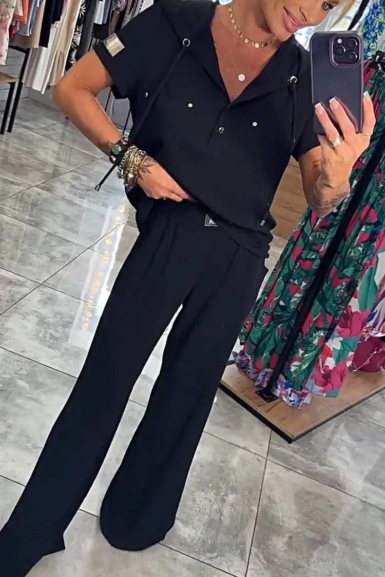 Women's Buttoned V-neck Short-sleeved Top and Pants Two Piece Set