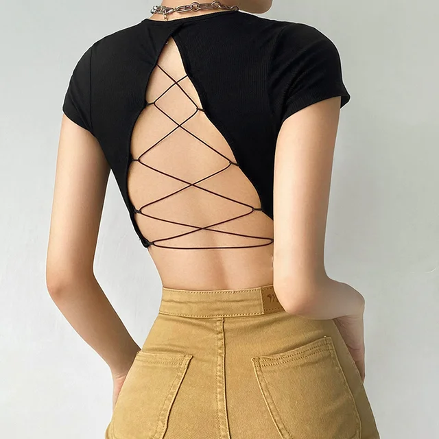 Women’s O-neck Backless T-shirt Short Sleeve Solid Color Crop Top Summer Cute Baby Tee Y2K Clothes Skinny Tunics Fashion Tops