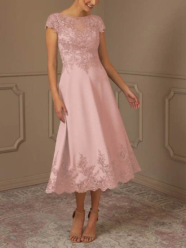 Round Neck Lace Short Sleeve Solid Color Midi Dress