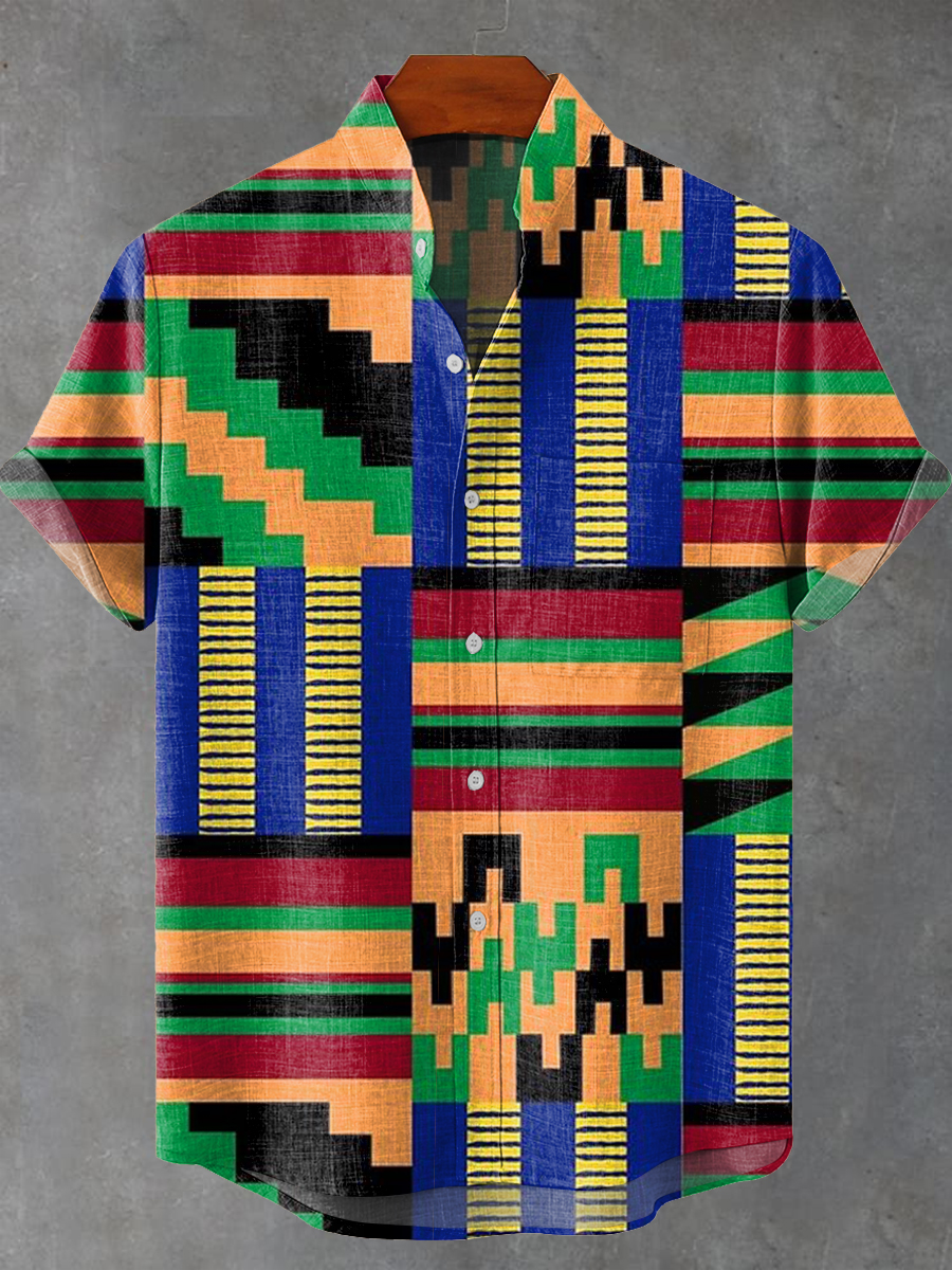 Vintage Colorful Africa Geometric Painting Plaid Art Print Casual 100% Cotton Shirt