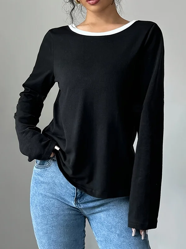 Bowknot Hollow Split-Back Split-Joint Long Sleeves Loose Round-Neck T-Shirts