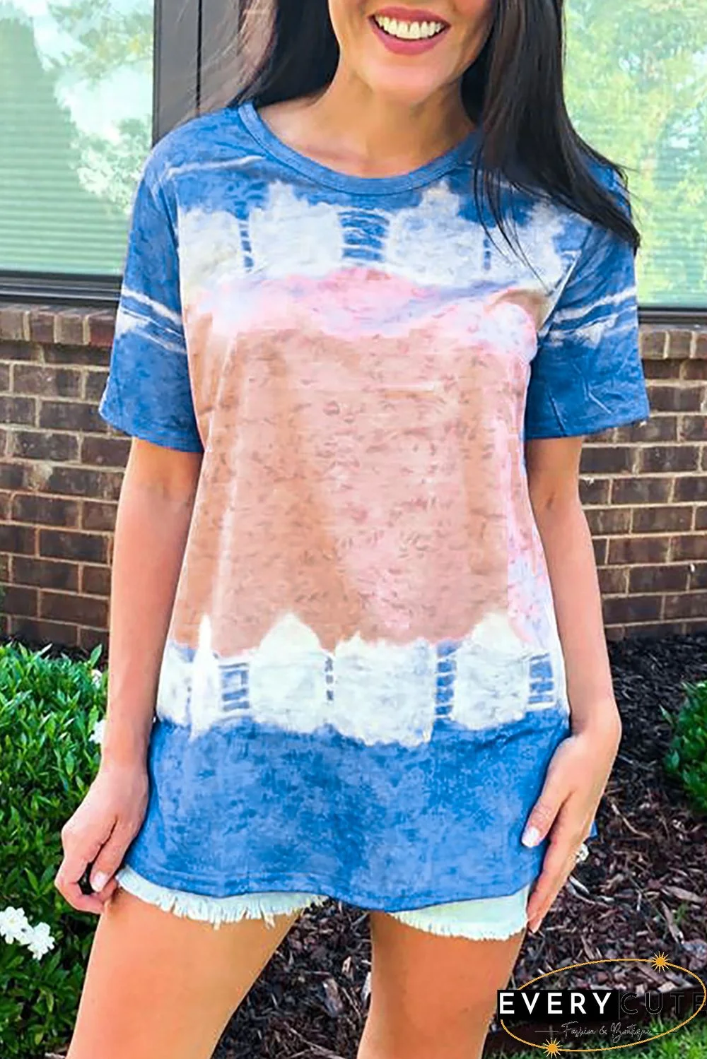 Sky Blue Tie-dyed Color Block Print T-shirt