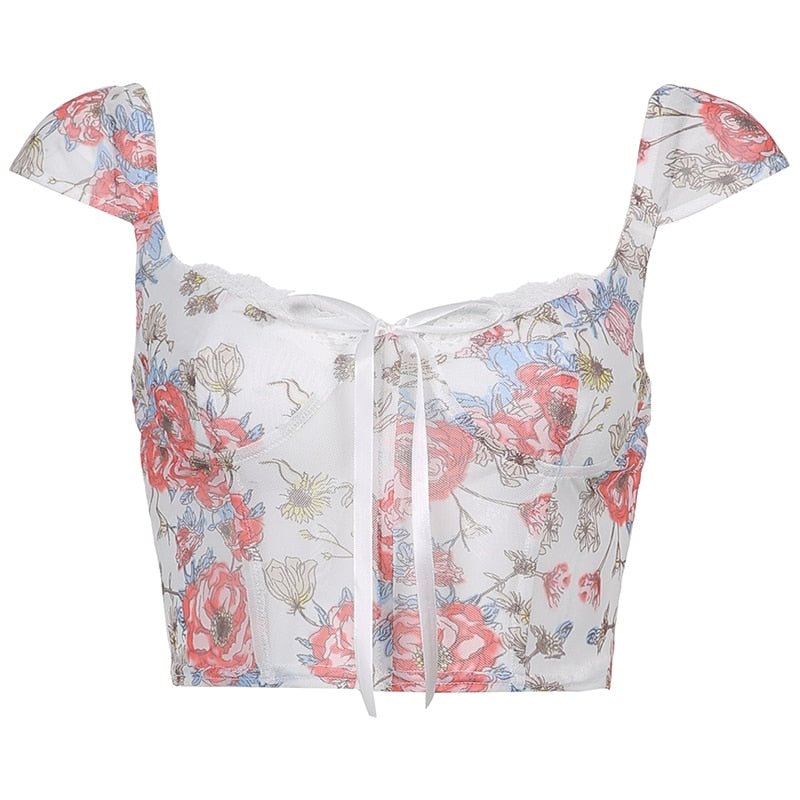 IAMSURE Floral Mesh Corset Top Vintage Lace Trim See Through Crop Top Sexy Slim Square Collar Sleeveless Tank Top Women Clubwear