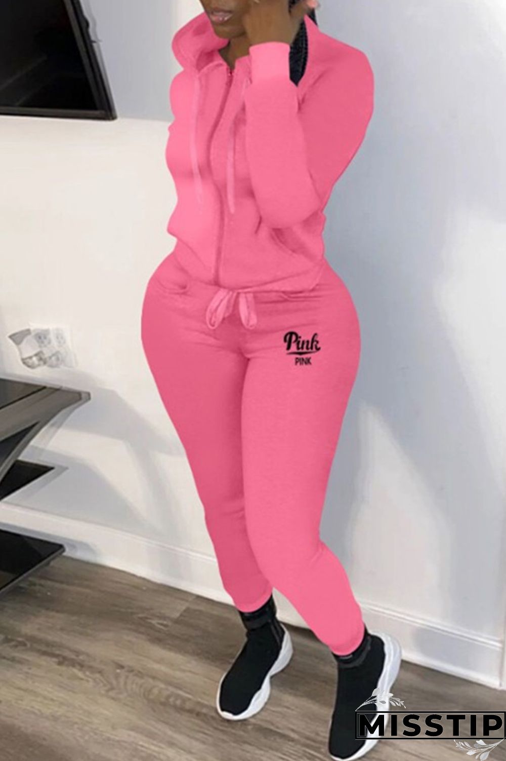 Red Casual Letter Print Patchwork Hooded Collar Long Sleeve Two Pieces