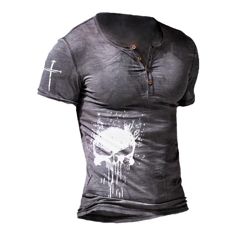Men's Retro Skull Print Short Sleeve Henley T-shirt