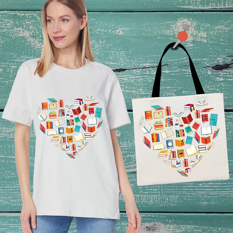 Book Heart Graphics T-Shirt With Handbag -BSTC1657