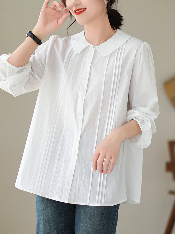 Three Quarter Puff Sleeve Solid Color Lapel Shirt