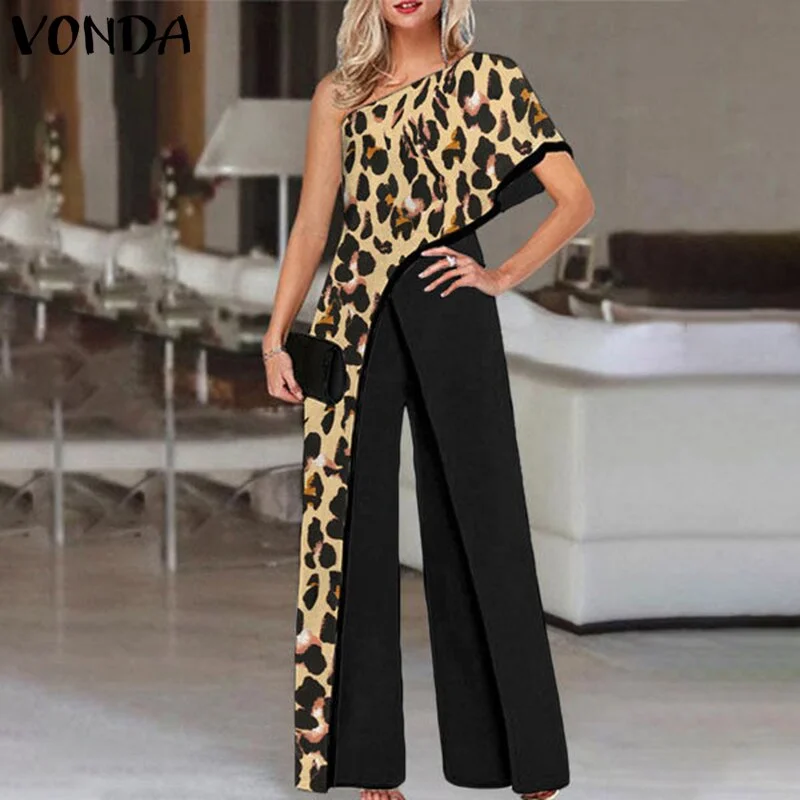 2022 VONDA Women Vintage Wide Leg Rompers Elegant Long Jumpsuits Casual Loose Solid One Shoulder Office Party Overalls Oversized